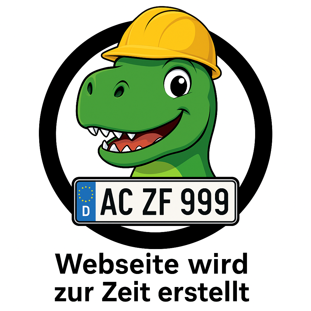 Freundlicher grüner Dino mit gelbem Bauhelm, darunter ein deutsches Kennzeichen AC ZF 999